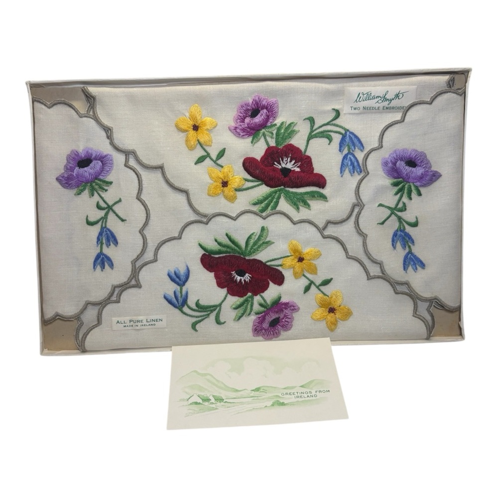 Embroidered Floral Linen Napkins NIB Ireland